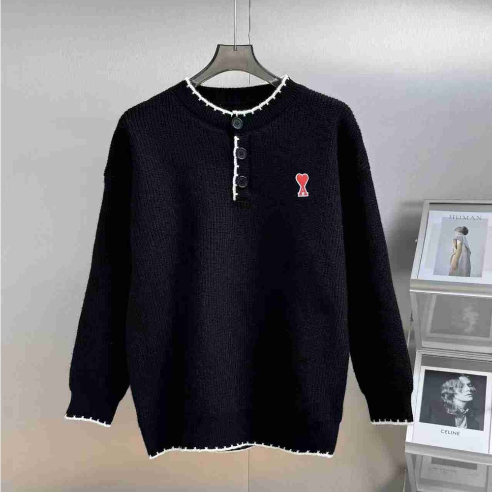 Ami Black Crewneck Sweater with White Trim